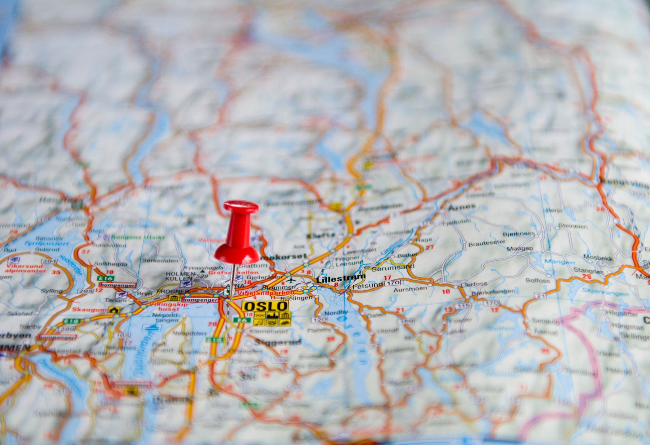 Pushpin in map, Oslo Norway